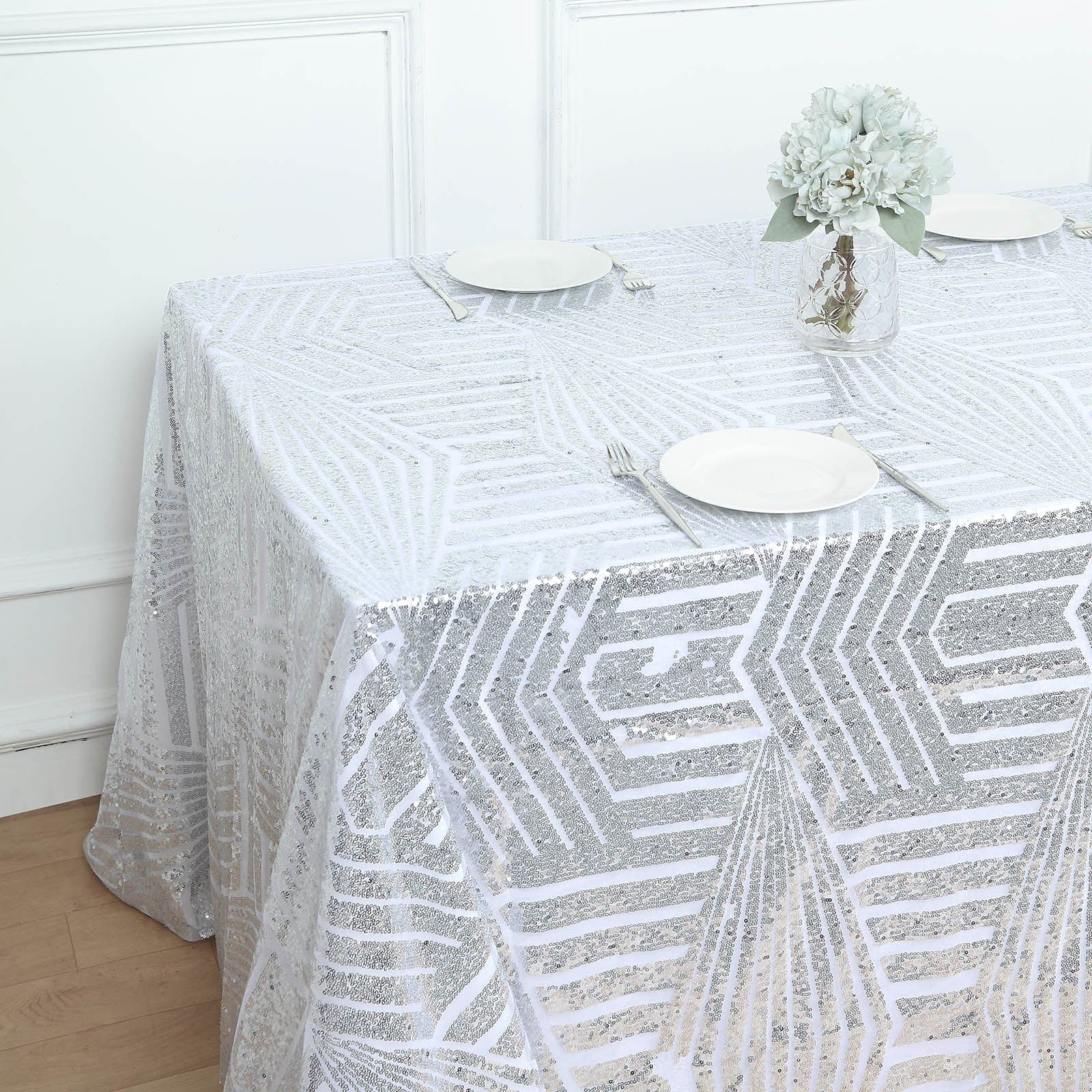 90x132 in Sequined Geometric Design Tulle Rectangle Tablecloth