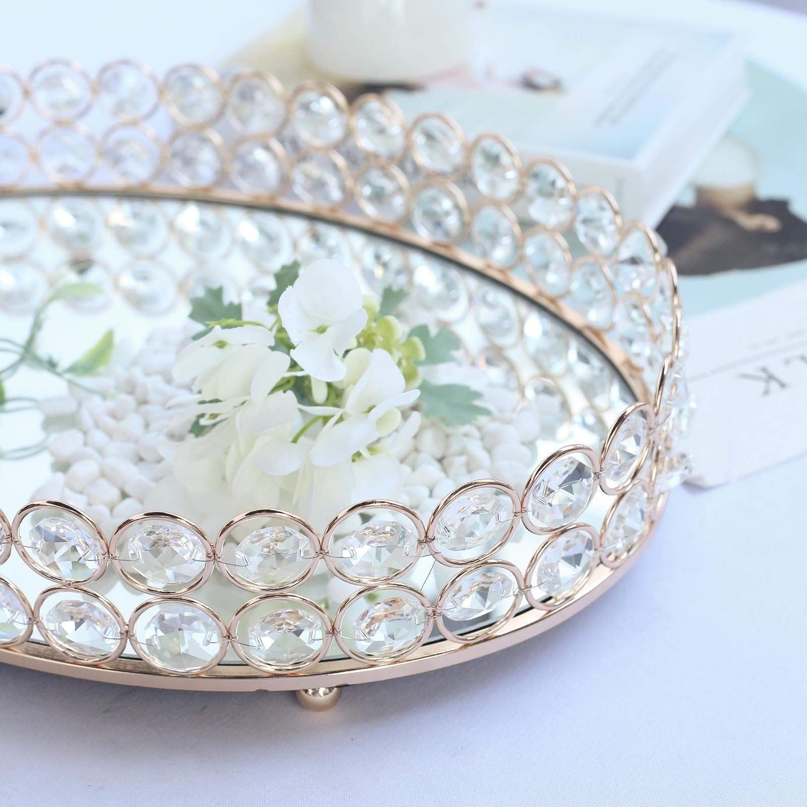 Gold Oval Metal with Crystal Beads Mirror Serving Tray