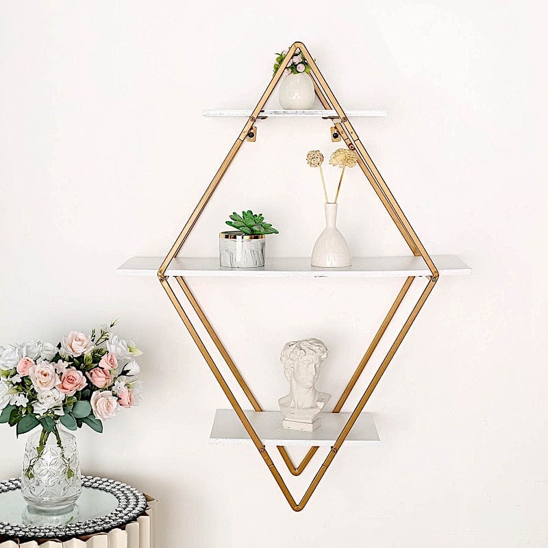 31 in Gold 3 Tier Diamond Metal Geometric Hanging Shelf with White Wood