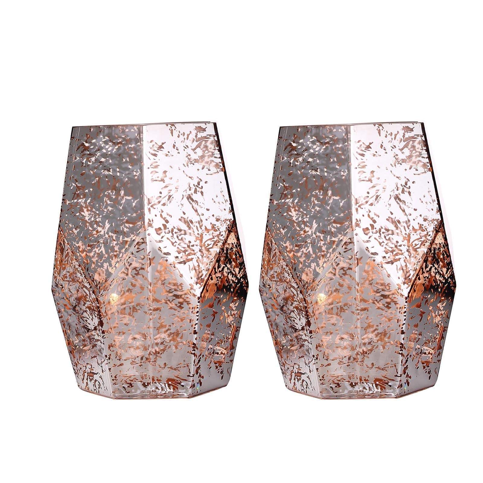 2 pcs 8 in tall Silver with Rose Gold Geometric Mercury Glass Candle Holders Vases Centerpieces