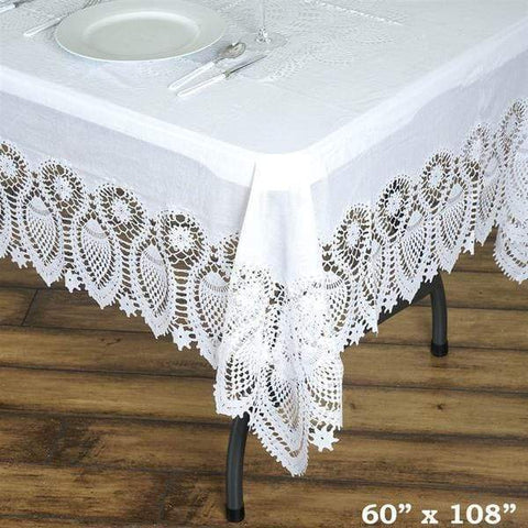 60x108 in White Vinyl Tablecloth with Crochet Lace