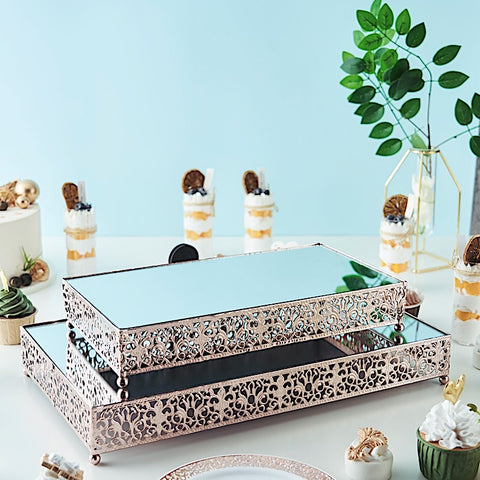 Metal with Mirror Glass Fleur De Lis Rectangle Cake Stands