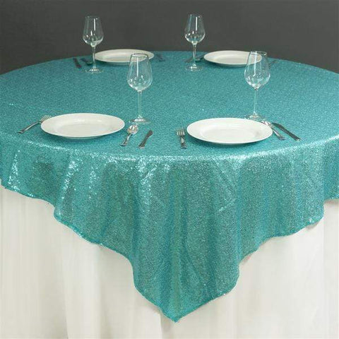 60 inch Turquoise Sequin Square Table Overlay