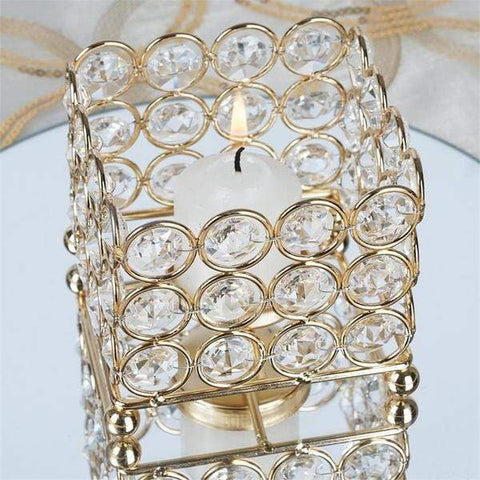 Gold 3" tall Tealight Votive Square Crystal Beaded Candle Holder