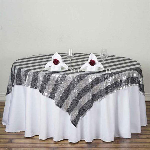 72 inch Black and Silver Sequin Stripes Table Overlay
