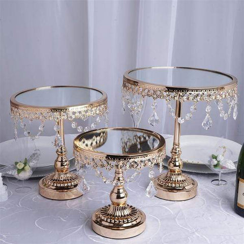 Gold Set of 3 Round Centerpieces Cake Stands with Crystal Chains