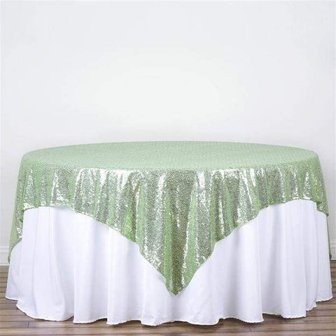 90 inch Tea Green Sequin Square Table Overlay