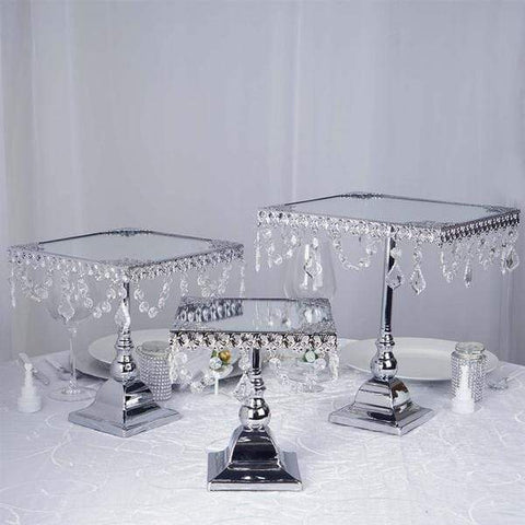 Silver Set of 3 Square Centerpieces Cake Stands with Crystal Chains