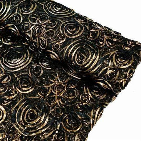 54 inch x 4 yards Black Gold Raised Roses on Tulle Fabric