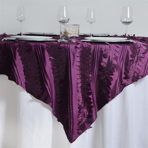 72 inch Eggplant Purple Raised Petals on Taffeta Table Overlay