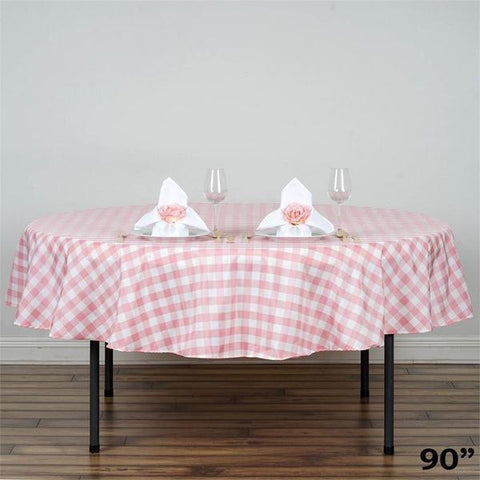 90 inch Rose Quartz Pink on White Gingham Checkered Polyester Round Tablecloth