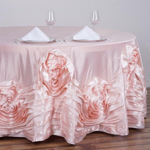 120" Blush Round Large Raised Roses Lamour Satin Round Tablecloth