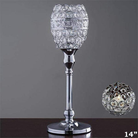 Silver 14" tall Faux Crystal Beaded Wedding Candle Holder Centerpiece