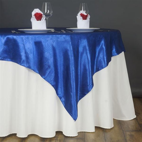 60" x 60" Royal Blue Embossed Satin Table Overlay
