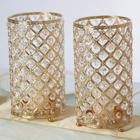 Crystal Beaded 9 in tall Gold Metal Candle Holder