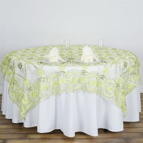 72 inch Tea Green Ribbon Flowers on Lace Table Overlay