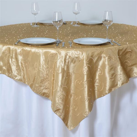 72 inch Champagne Embroidered Swirls on Taffeta Square Table Overlay