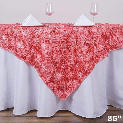 85 inches Rose Quartz Pink Raised Roses Square Satin Table Overlay