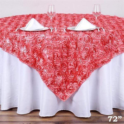 72 inch Rose Quartz Pink Raised Roses Square Satin Table Overlay