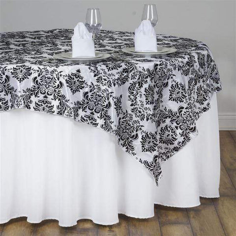 60 inch Square Black on White Flocked Damask Table Overlay