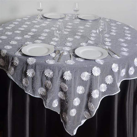72 inch White Flowers on Sequined Lace Table Overlay