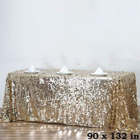90" x 132" Champagne Big Payette Sequin Rectangular Tablecloth