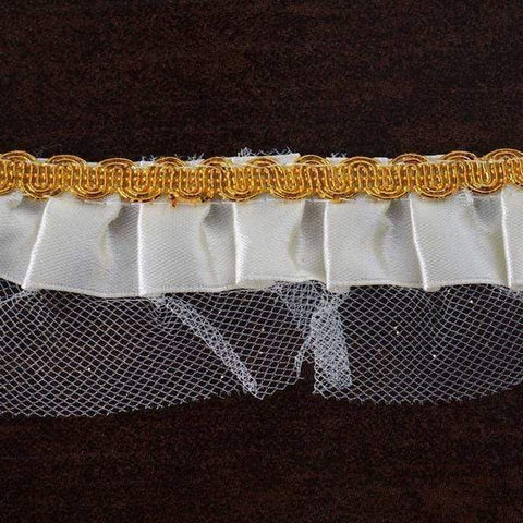 2.25" x 25 yard Ivory Satin with Gold Tulle Ribbon Ruffle Trim
