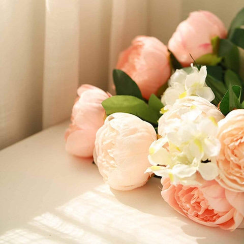 14 Light Pink and Blush Silk Peony and Hydrangea Flowers in 2 Bushes