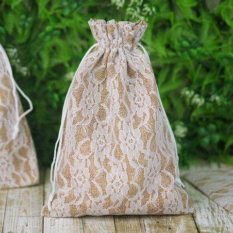 10 pcs Natural Brown Burlap Floral Lace Favor Gift Bags