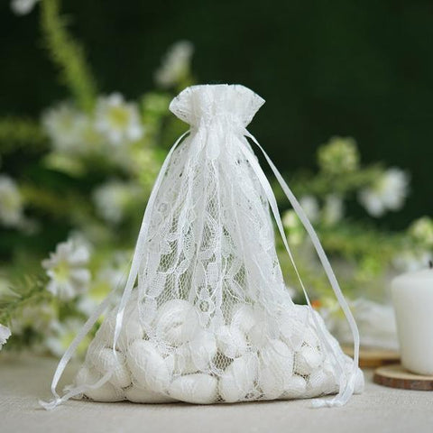 White 5x7" Floral Lace Favor Bags with Pull String