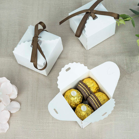 25 Scalloped Edge Party Favor Boxes with Brown Ribbons