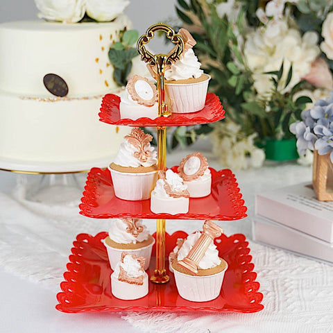 13 in tall 3 Tier Plastic Cupcake Holder Square Dessert Stand with Hearts Trim