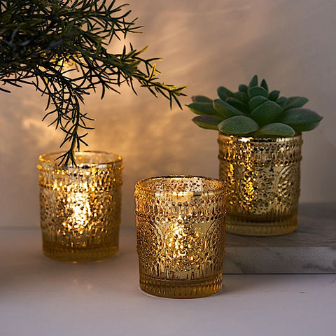 6 Metallic Primrose Design Mercury Glass Votive Candle Holders