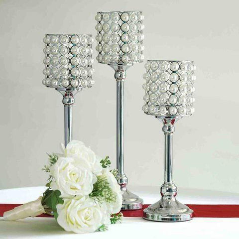 3 Pearl Beaded Silver Metal Candle Holders Wedding Centerpieces