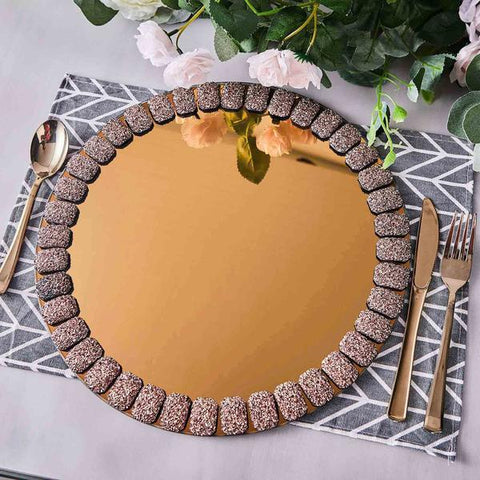 2 13 in Round Mirror Glass Charger Plates with Glitter Crystals Trim