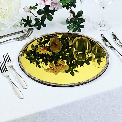 2 Round 13 in Mirror Glass Charger Plates with Rhinestone Trim