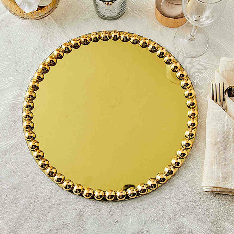 2 13 in Round Mirror Glass Charger Plates with Pearl Trim