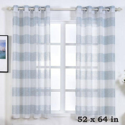  52" x 64" White and Blue Faux Linen Sheer Stripe Window Curtains 