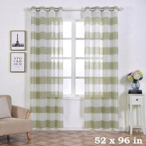 52" x 96" White and Sage Green Faux Linen Sheer Stripe Window Curtain