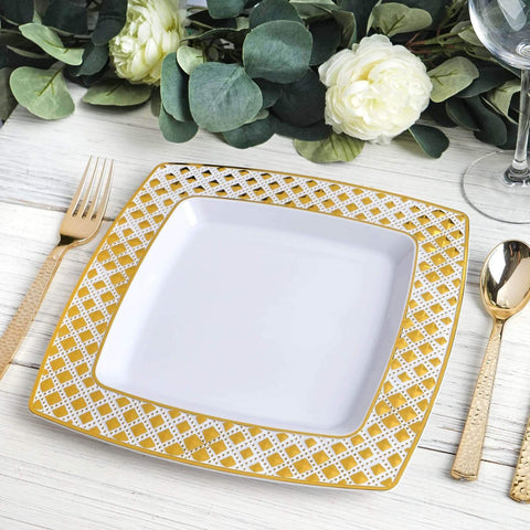 10 pcs Disposable White Plastic Plates with Gold Diamond Trim