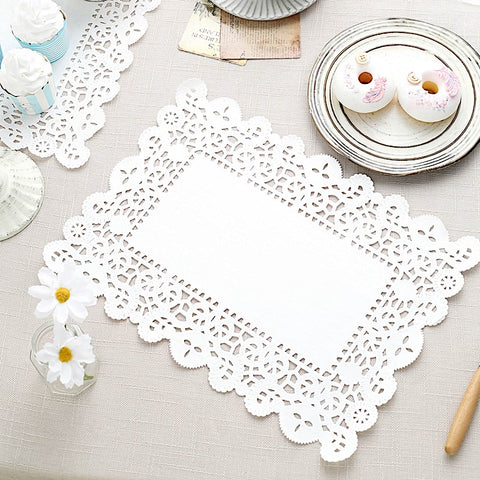 100 White Rectangle Disposable Paper Placemats with Lace Scalloped Trim