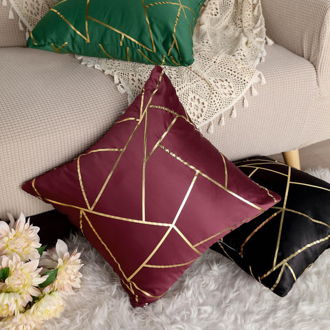 2 Square 18x18 in Lamour Satin Throw Pillow Covers with Gold Geometric Print