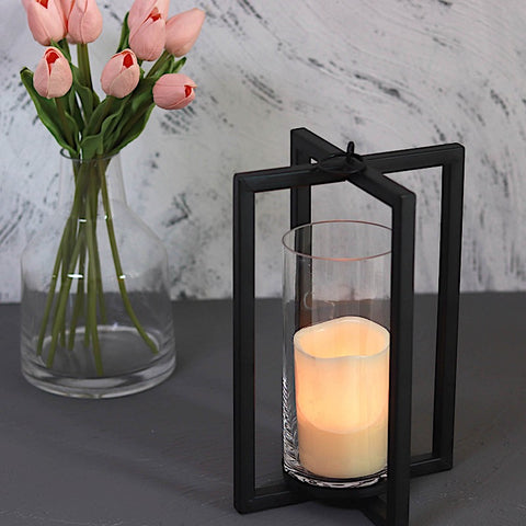 11 in Metal Cross Bar Lantern Geometric Candle Holder Centerpiece