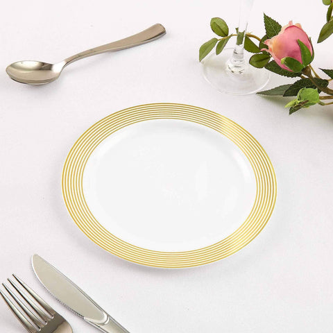 10 pcs 10 in. Disposable White Plastic Dinner Plates with Striped Trim