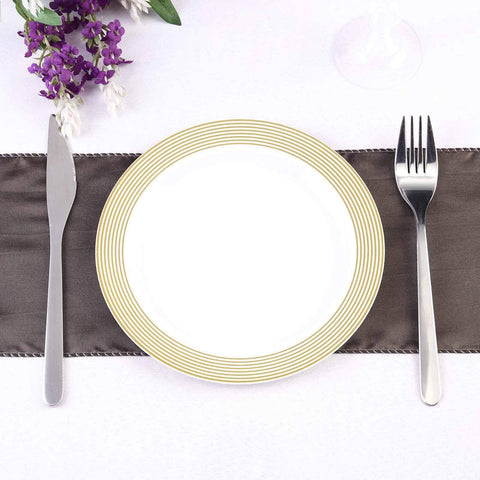 10 pcs 9 in Disposable White Plastic Dinner Plates with Striped Trim