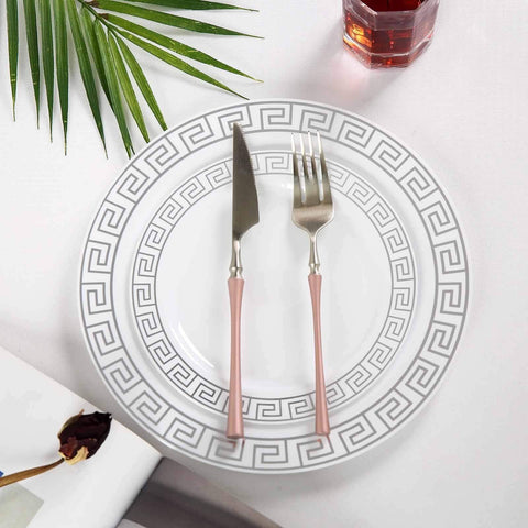 10 pcs 10 in. Disposable White Plastic Dinner Plates with Geometric Trim