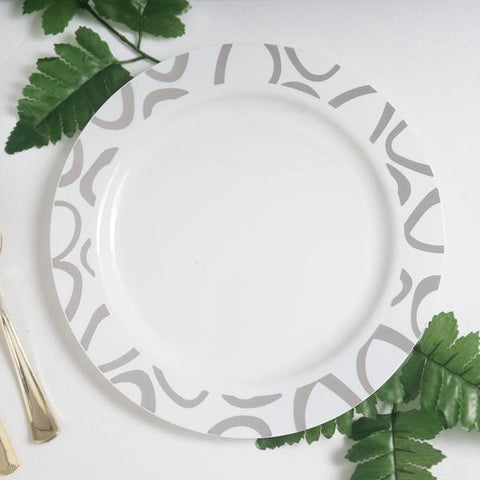 10 pcs 8 in. Disposable White Plastic Salad Plates with Abstract Trim