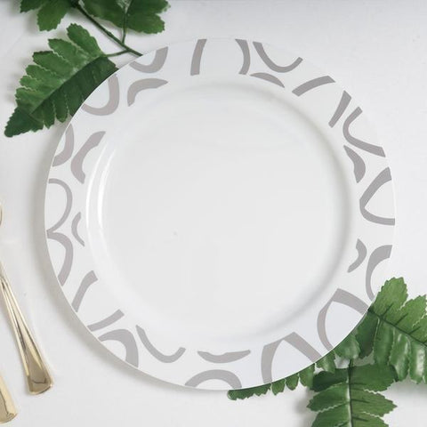 10 pcs 10 in Disposable White Plastic Dinner Plates with Abstract Trim