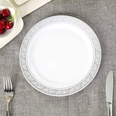 10 pcs 8" Disposable White Plastic Plates with Floral Trim