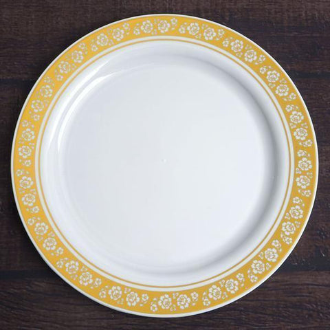 10 pcs 10" Disposable White Plastic Dinner Plates with Floral Trim